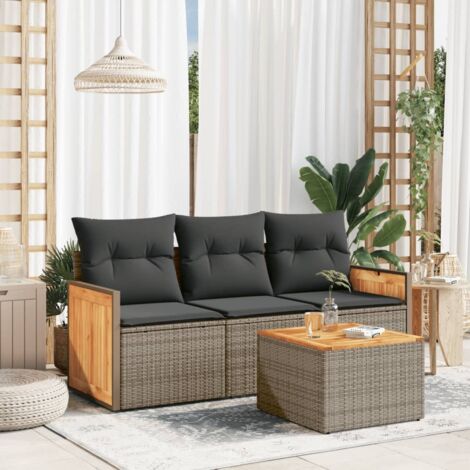 Salon de Jardin 4 Pièces en Résine Tressée avec Table Bois d'Acacia et Coussins