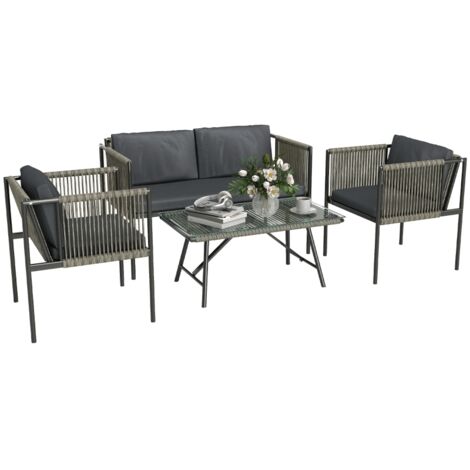 Salon de jardin 4 pièces gris, canapé, 2 fauteuils, table basse verre trempé, résine tressée, structure acier, coussins inclus, extérieur terrasse balcon