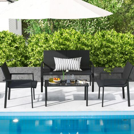 Salon de Jardin 4 Pièces Osier Charge 150-300KG Cadre Métal Galvanisé Table Basse Verre Trempé Noir CWXT6336 DESIGN IN