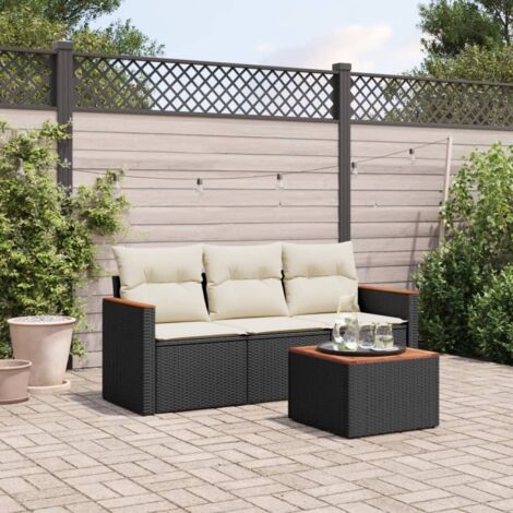 Salon de Jardin 4 Pièces Résine Tressée Noir avec Table Bois d'Acacia et Coussins Crème, Étanche, Modulaire, Espace de Rangement