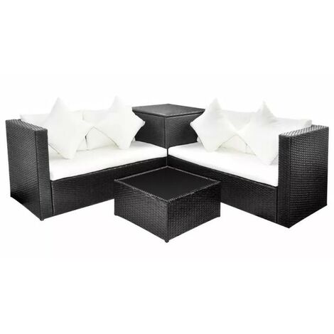 Salon de jardin 4 pièces résine tressée noir et coussins blanc Kim