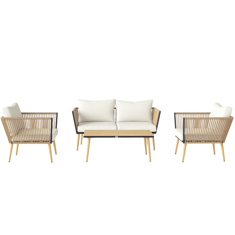 Salon de jardin 4 places 4 pièces design scandinave acier époxy résine filaire pe coussins inclus crème