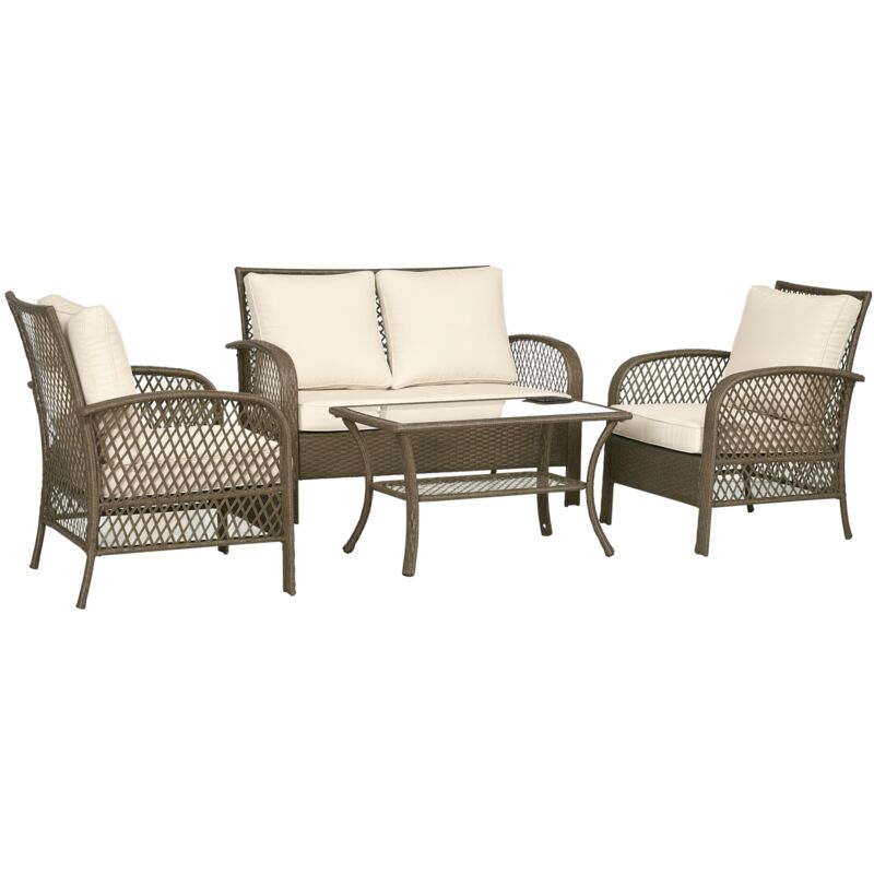 Salon de jardin 4 places 4 pièces style colonial table basse coussins beige inclus résine tressée marron