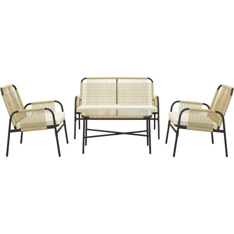 Salon de jardin 4 places 4 pièces style colonial table basse coussins crème inclus résine tressée beige