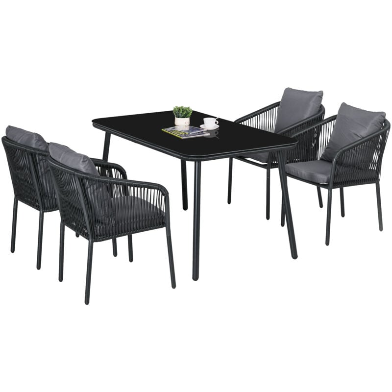 Salon de jardin 4 places 5 pièces table à manger chaises empilables coussins alu résine noir gris