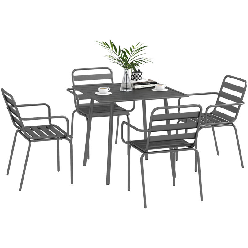 Outsunny - Salon de jardin 4 places 5 pièces - table à manger 4 chaises empilables - acier thermolaqué gris