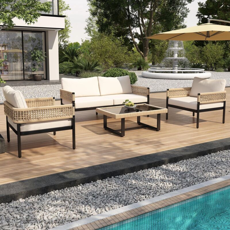 Salon de jardin 4 places - avec 3 chaises et 1 table en verre