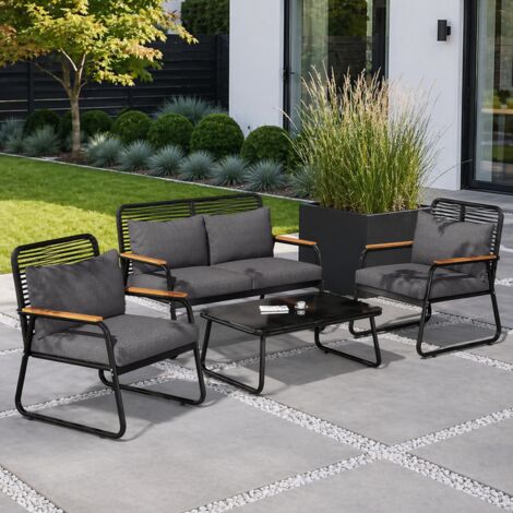 Salon de jardin 4 places avec petit canapé, 2 fauteuils, table en verre trempé et coussins épais, acier galvanisé, noir