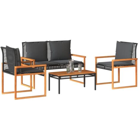 Salon de jardin 4 places avec table en bois d'acacia, banc, 2 chaises et coussins gris - Résine tressée noire - Ensemble terrasse extérieur