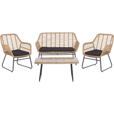 Salon de Jardin 4 Places Banquette Canapé 2 Fauteuils et Table Basse en Rotin Beige et Acier Noir Design Boho Tendance pour Extérieur Beliani - Beige