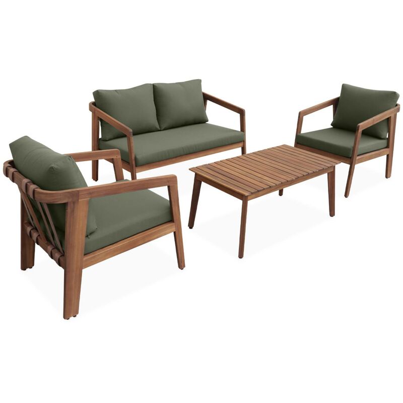 Salon de jardin kaki foncé 4 places LOBERIA. bois d'acacia dossier avec