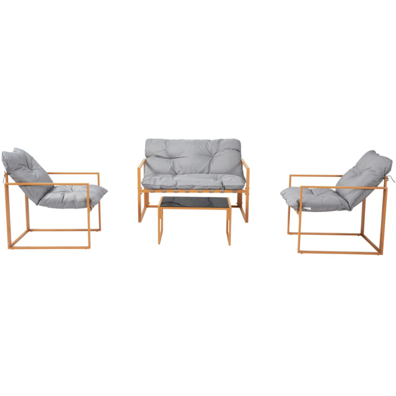 Salon de jardin 4 places contemporain brun et coussins gris RABAT