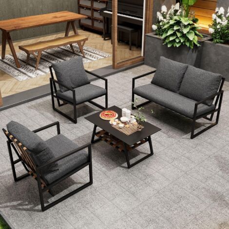 Salon de jardin, 4 places - en acier - avec canapé 2 places, 2 fauteuils, table, coussins - gris
