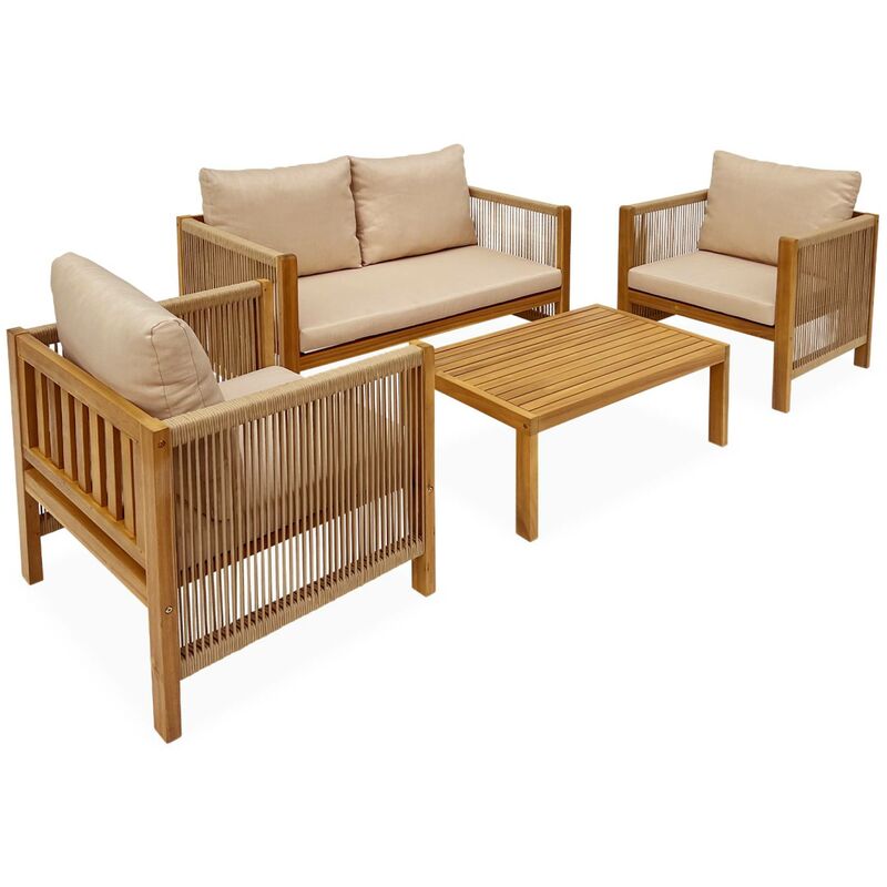 Salon de jardin alcira 4 places en bois d'acacia et cordes beiges et coussins beiges. 1 canapé 2 pl + 2 fauteuils + 1 table basse - Beige