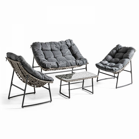Salon de jardin 4 places en métal et résine tressée – Table basse rectangulaire 85x45cm – Coussins épais 8cm – Pour terrasses et balcons – Solys
