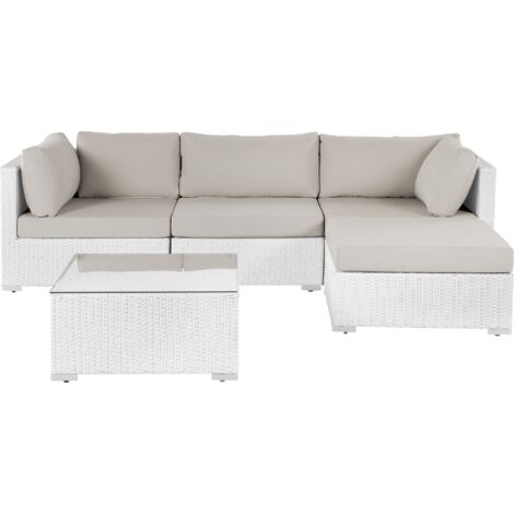 Salon de Jardin 4 Places en Polyrotin Verre Aluminium et Polyester Blanc Sano - Blanc