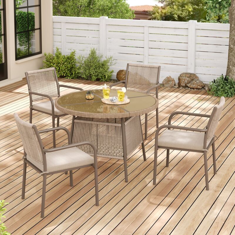 Salon de Jardin 4 Places en Résine Tressée, Ensemble Repas Extérieur (Table Ronde en Verre et 4 Fauteuils), Structure Fer, pour Terrasse et Balcon