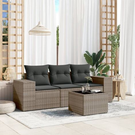 Salon de jardin 4 places en résine tressée gris, avec table verre trempé et coussins amovibles, canapé modulaire extérieur design.