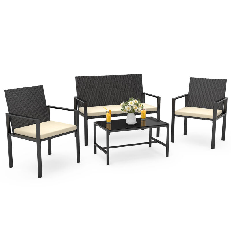 Wowttrelax - Salon de jardin 4 places en rotin, Meubles de Jardin en Résine, Noir