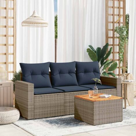 Salon de Jardin 4 Places Gris Résine Tressée avec Coussins Bleu Marine - Ensemble Table Acacia, 3 Sièges et 1 Table Modulable - Idéal Terrasse, Jardin ou Patio