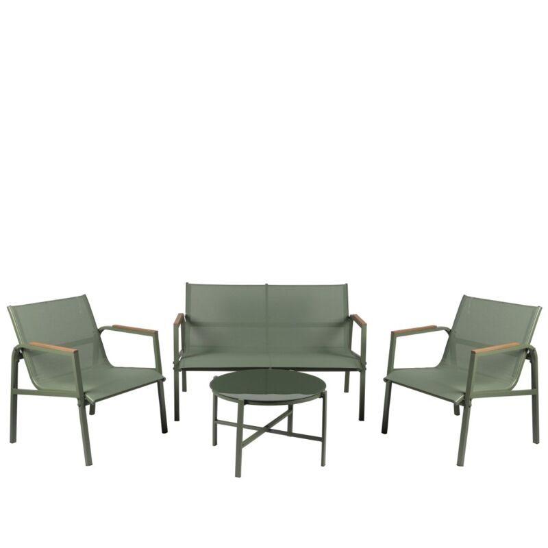 Meublorama - Salon de jardin 4 places – Métal vert olive et textilène – Table en verre – Élégance et confort