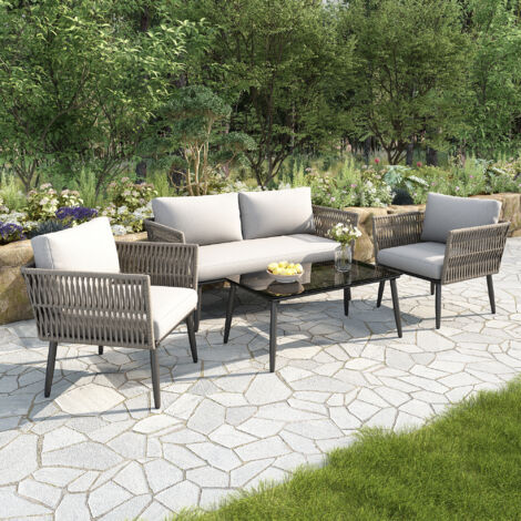 Salon de jardin 4 places modulable canapé 2 places 2 fauteuils table basse tressé résine PE plateau verre noir acier galvanisé coussins confort gris