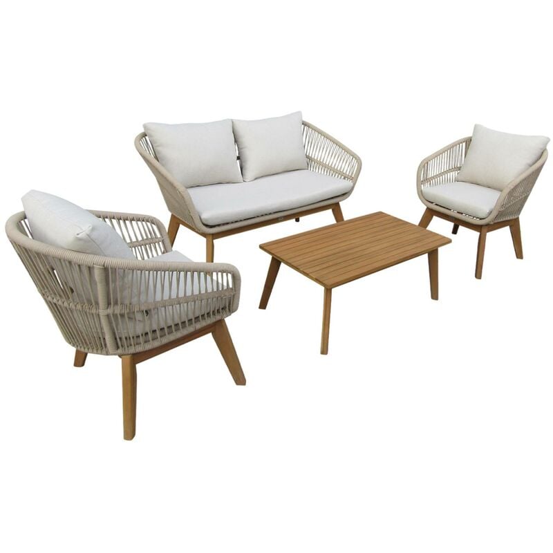Salon de jardin 4 places – rosario – en corde tressée. bois et aluminium Beige / Beige
