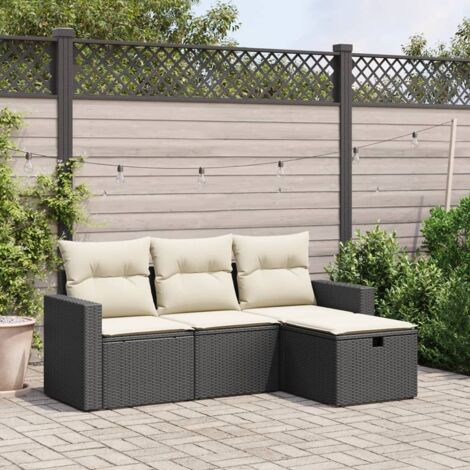 Salon de Jardin 4 Places - Set 4 Pièces en Résine Tressée Noire avec Coussins Crème - Canapé 2 Fauteuils + Pouf - Acier Revêtu