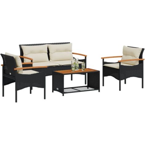 Salon de Jardin 4 Places Tressé Noir en Résine Polyéthylène avec Coussins et Table Bois Acacia - Canapé et Chaises pour Terrasse