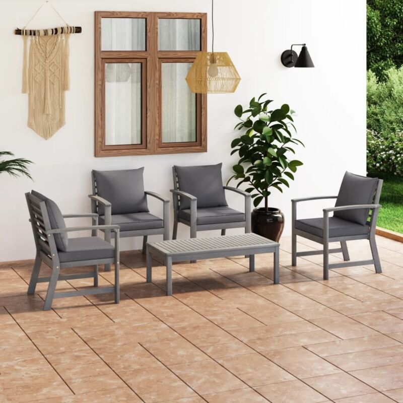 Salon de jardin 5 pcs avec coussin Bois d'acacia solide Gris Vidaxl