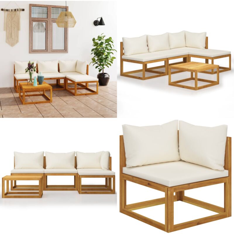 Salon de jardin 5 pcs avec coussin Crème Bois d'acacia solide - Mobilier De Jardin - Salon De Jardin - Meuble De Jardin - Meubles En Bois - Acacia