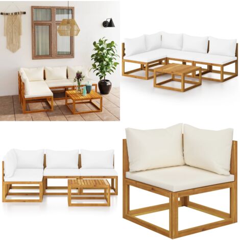 Salon de jardin 5 pcs avec coussin Crème Bois d'acacia solide - Mobilier De Jardin - Salon De Jardin - Meubles De Jardin - Set De Salon De Jardin - Acacia - Home & Living