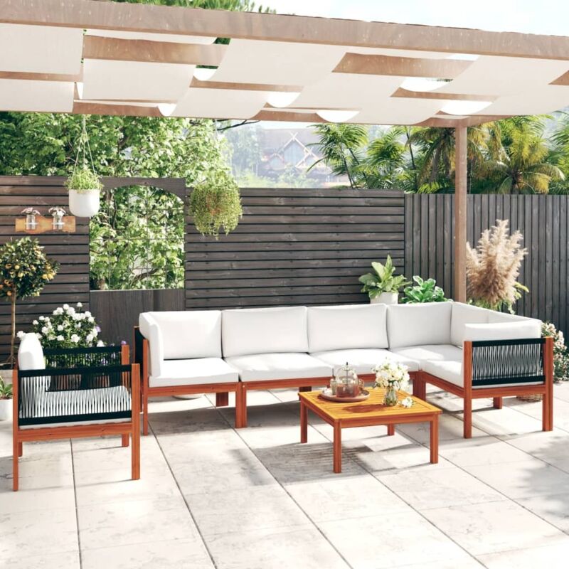 Salon de jardin 7 pcs avec coussins Crème Bois d'acacia solide Vidaxl