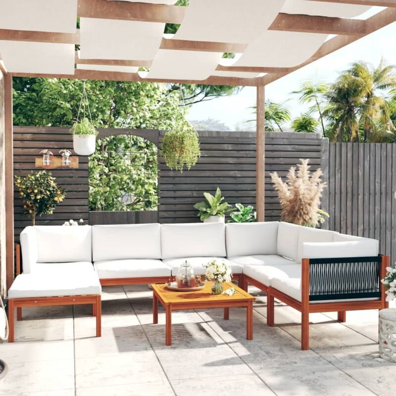 Vidaxl - Salon de jardin 8 pièces avec coussins, bois d'acacia crème et corde