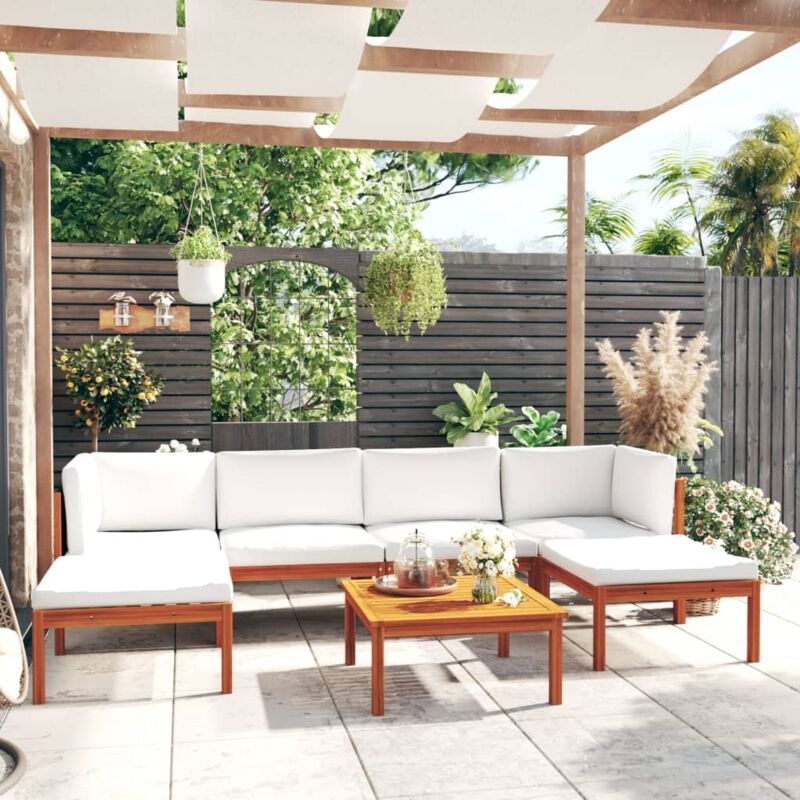 Salon de jardin 7 pcs avec coussins Crème Bois d'acacia solide Vidaxl