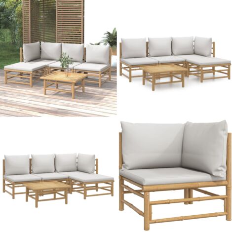 Salon de jardin 5 pcs avec coussins gris clair bambou - Salon De Jardin - Mobilier De Jardin - Ensemble Salon - Ensemble De Meubles De Jardin - Bambu - Home & Living