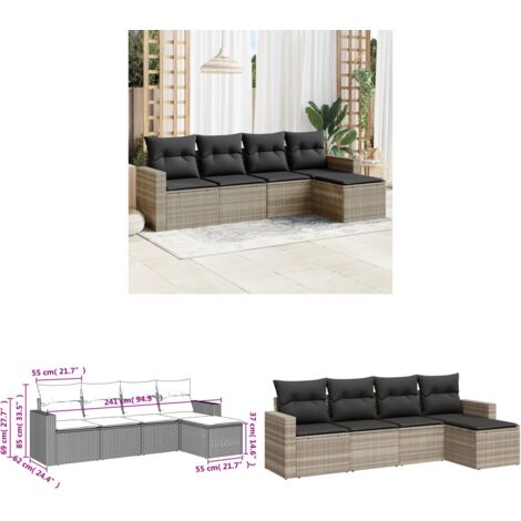 Salon de jardin 5 pcs avec coussins gris clair résine tressée - Salon De Jardin - Ensemble De Canapé Extérieur - Mobilier De Jardin - Salon D'extérieur - Chaise Longue - Home & Living