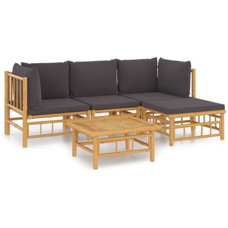 Salon de jardin 5 pcs avec coussins gris foncé bambou