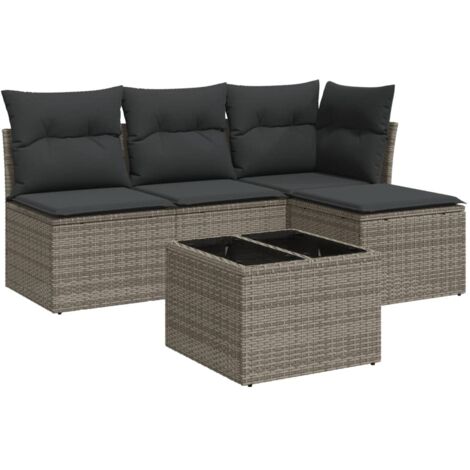 Salon de jardin 5 pcs avec coussins gris résine tressée