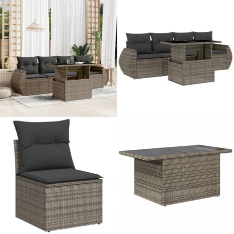 Salon de jardin 5 pcs avec coussins gris résine tressée - Ensemble Salon De Jardin - Meuble Extérieur - Jardin Design - Mobilier De Jardin - Chaise Lounge - Home & Living