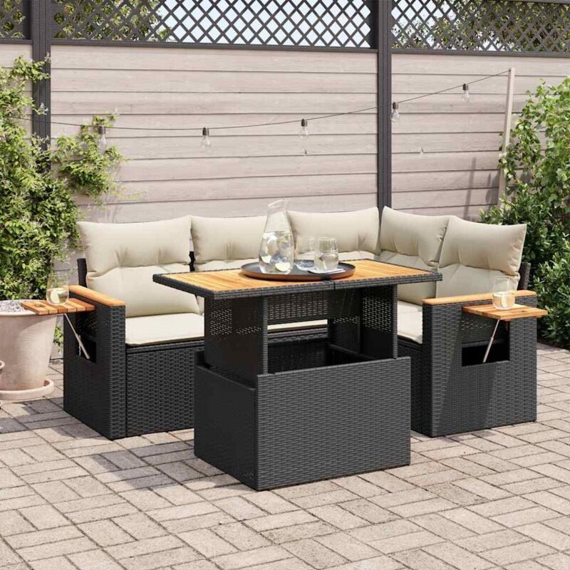vidaXL Salon de jardin 5 pcs avec coussins noir résine tressée acacia