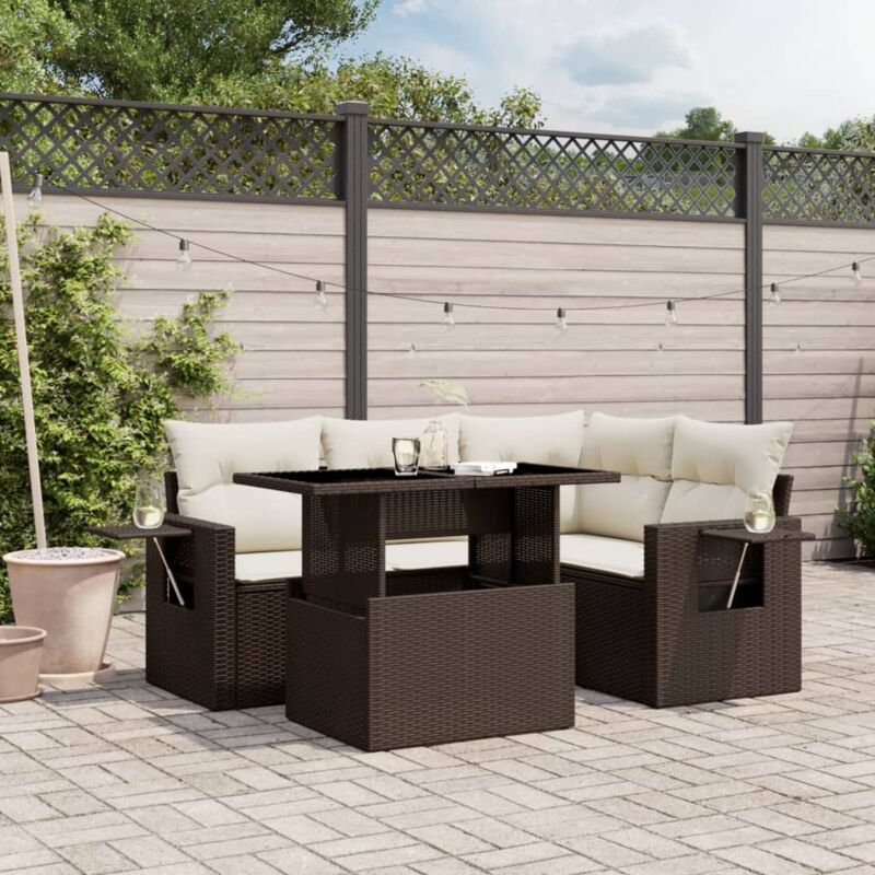 Salon de jardin avec coussins 5 pcs marron résine tressée - Vidaxl