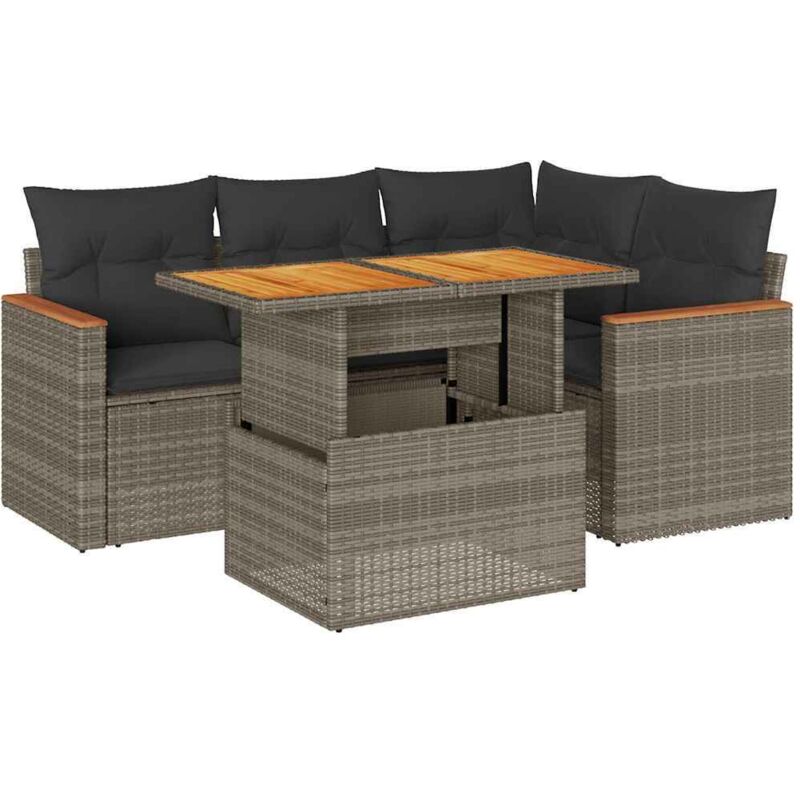 Salon de jardin 5 pcs avec coussins gris résine tressée acacia - Vidaxl