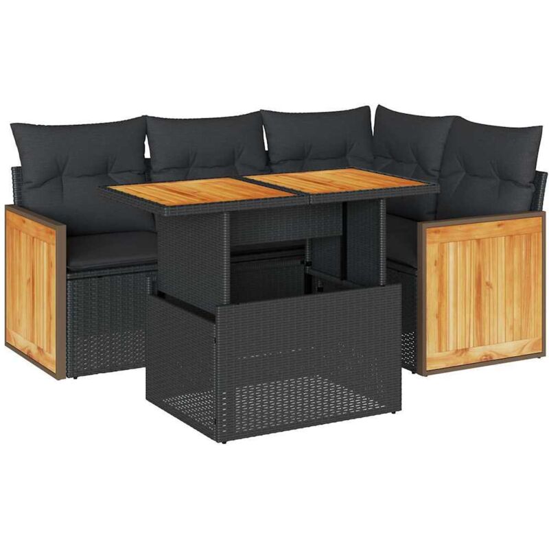Salon de jardin 5 pcs avec coussins noir résine tressée acacia - Vidaxl