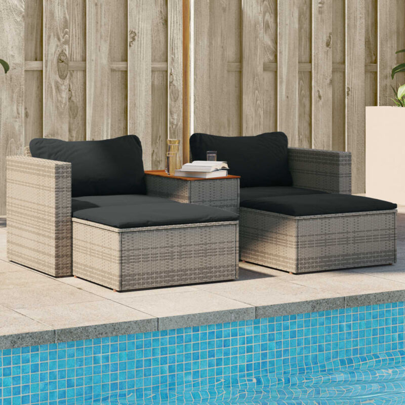 Salon de jardin 5 pcs avec coussins gris résine tressée acacia Vidaxl