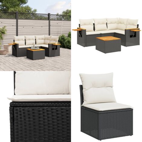 Salon de jardin 5 pcs avec coussins noir résine tressée - Ensemble Salon De Jardin - Meuble Extérieur - Jardin Design - Mobilier De Jardin - Chaise Longue - Home & Living