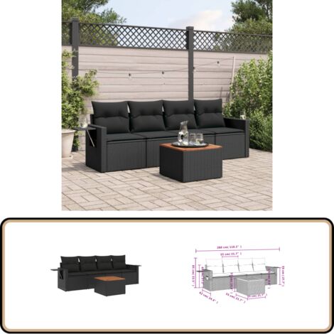 Salon de jardin 5 pcs avec coussins noir résine tressée - Ensemble Salon De Jardin - Meuble Extérieur - Résine Tressée - Rotin Synthétique - Fauteuil Jardin