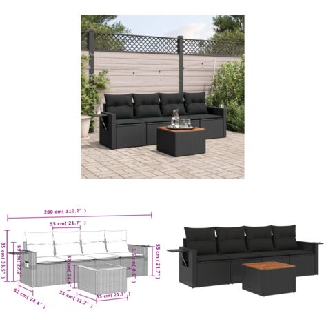 Salon de jardin 5 pcs avec coussins noir résine tressée - Ensemble Salon De Jardin - Meuble Extérieur - Résine Tressée - Rotin Synthétique - Fauteuil Jardin - Home & Living