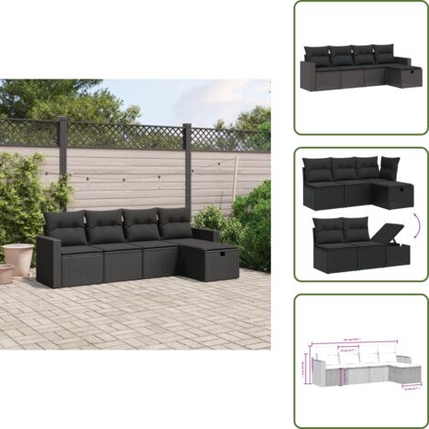 Salon de jardin 5 pcs avec coussins noir résine tressée - Ensemble Salon De Jardin - Mobilier De Jardin - Canapé Extérieur - Chaise Longue - Set Salon De Jardin