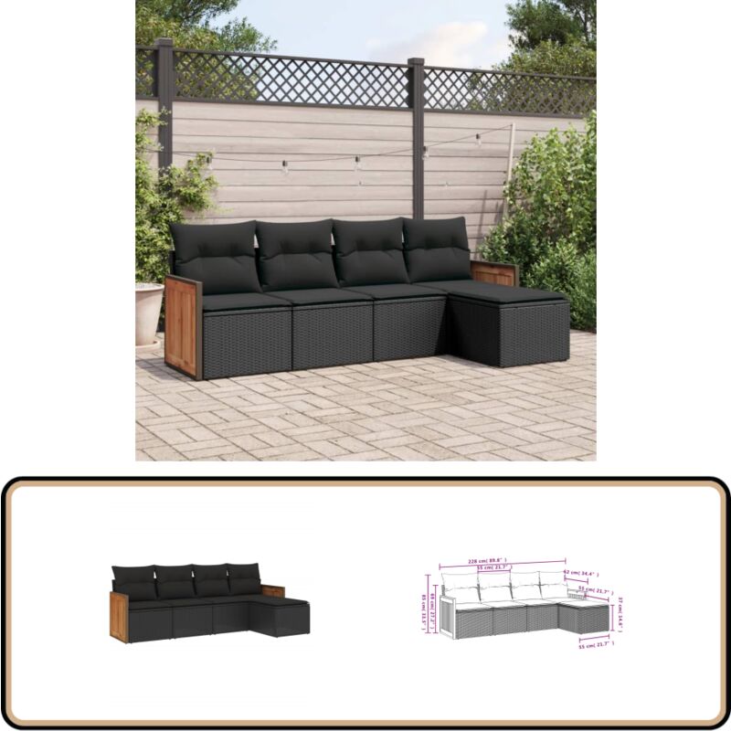 Salon de jardin 5 pcs avec coussins noir résine tressée - Ensemble Salon De Jardin - Salon De Jardin Extérieur - Meuble De Jardin - Mobilier De